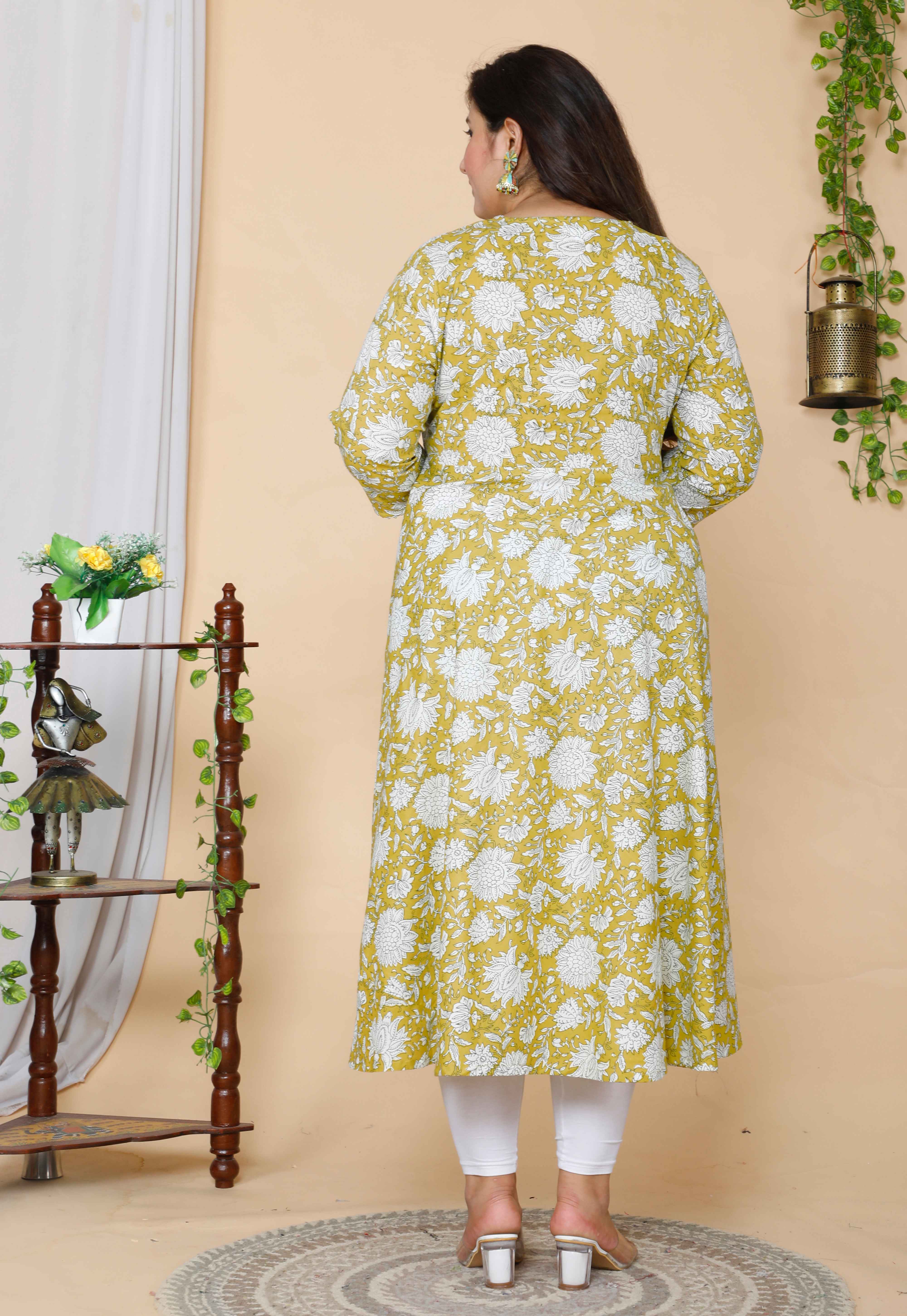 Yellow Floral Printed Cotton Anarkali Kurta with Dupatta Set